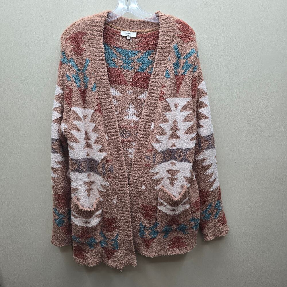 Entro Aztec Tribal Print Open Front Cardigan Sweater Boho Multicolor Size Small